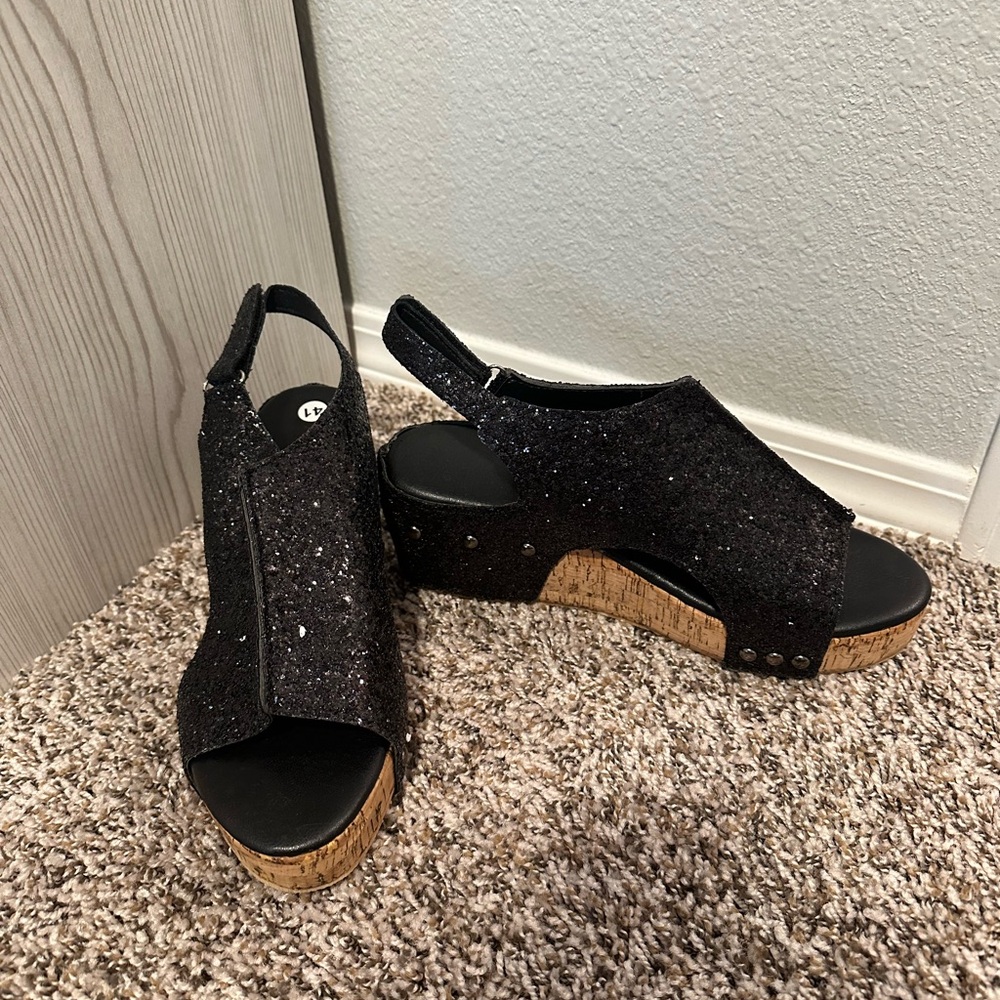 Black glitter wedges NWOT